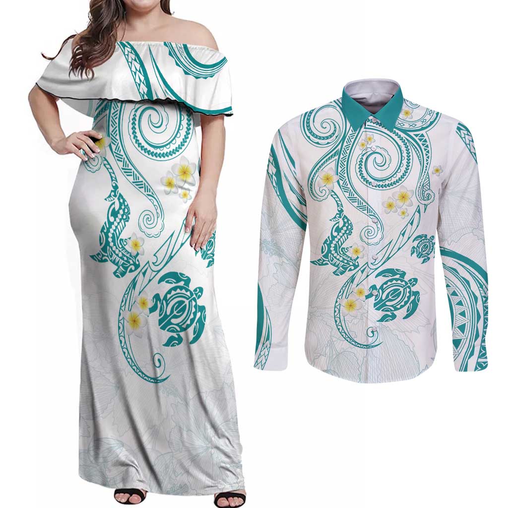 Polynesia Tribal Couples Matching Off Shoulder Maxi Dress and Long Sleeve Button Shirt Teal Plumeria Tentacles LT7 Teal - Polynesian Pride