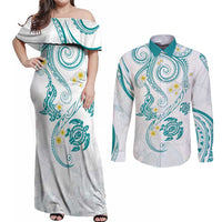 Polynesia Tribal Couples Matching Off Shoulder Maxi Dress and Long Sleeve Button Shirt Teal Plumeria Tentacles