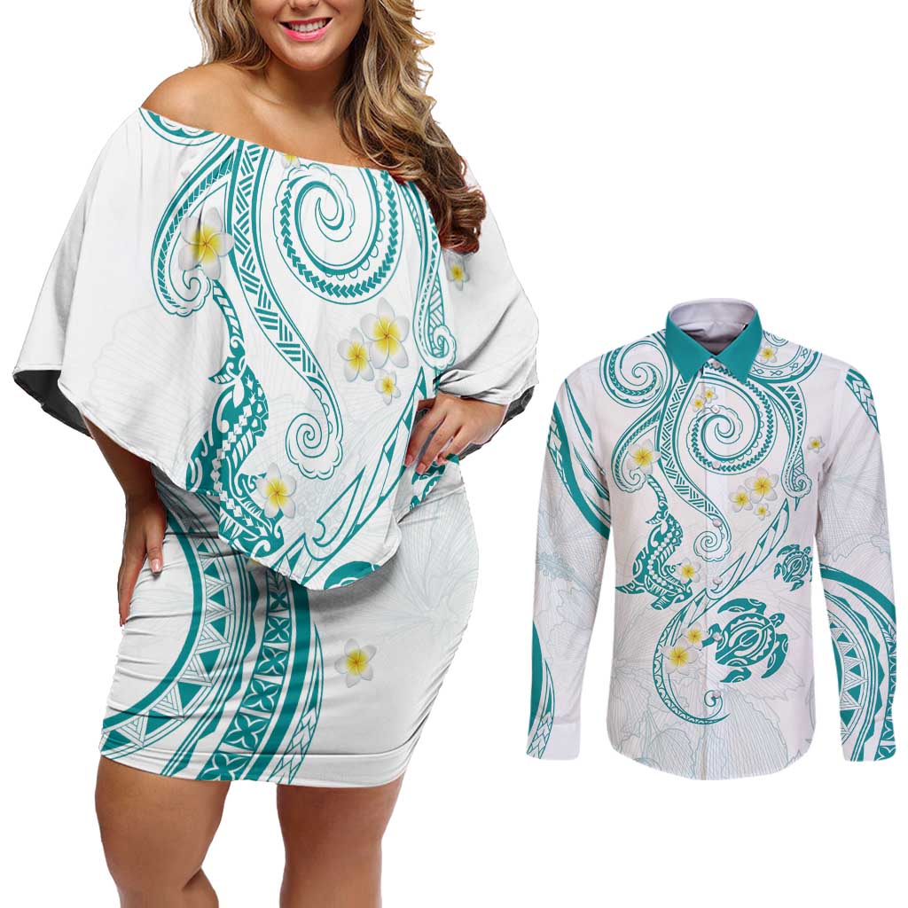 Polynesia Tribal Couples Matching Off Shoulder Short Dress and Long Sleeve Button Shirt Teal Plumeria Tentacles LT7 Teal - Polynesian Pride