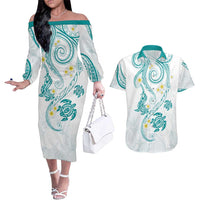 Polynesia Tribal Couples Matching Off The Shoulder Long Sleeve Dress and Hawaiian Shirt Teal Plumeria Tentacles LT7 Teal - Polynesian Pride