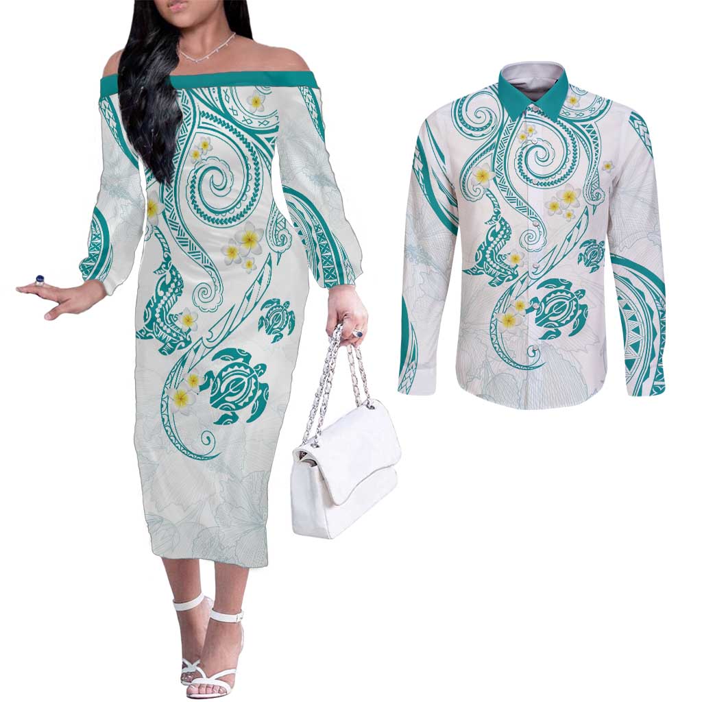 Polynesia Tribal Couples Matching Off The Shoulder Long Sleeve Dress and Long Sleeve Button Shirt Teal Plumeria Tentacles LT7 Teal - Polynesian Pride