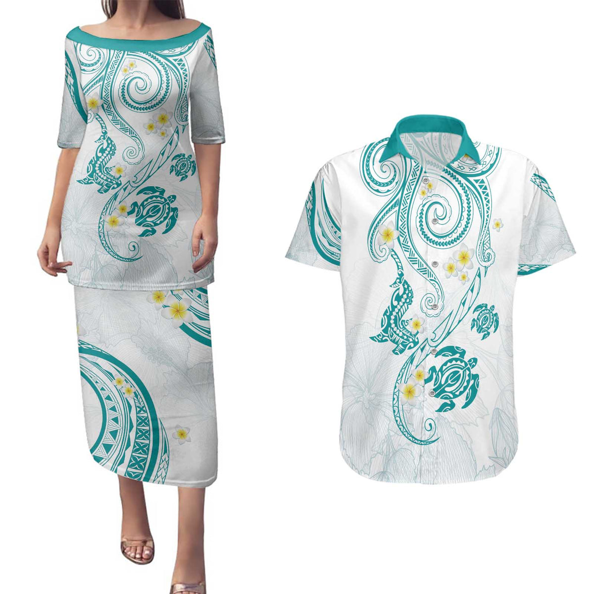 Polynesia Tribal Couples Matching Puletasi and Hawaiian Shirt Teal Plumeria Tentacles