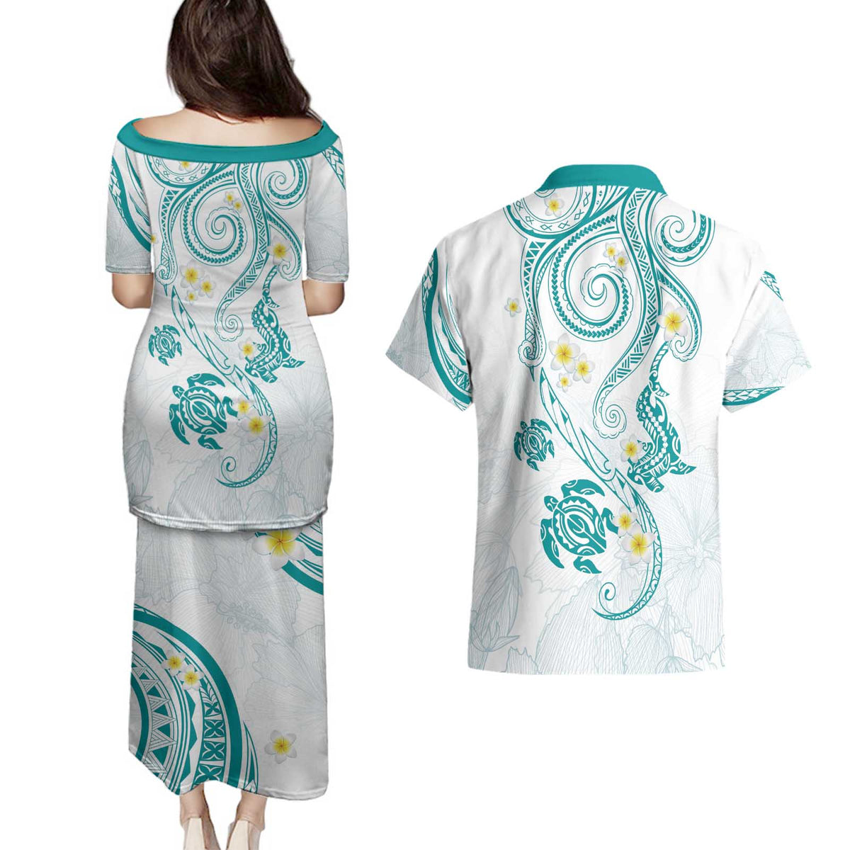 Polynesia Tribal Couples Matching Puletasi and Hawaiian Shirt Teal Plumeria Tentacles