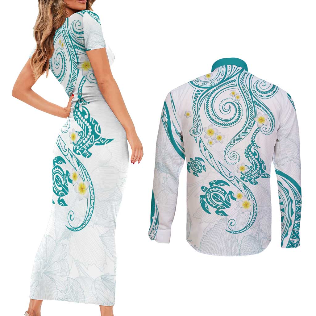 Polynesia Tribal Couples Matching Short Sleeve Bodycon Dress and Long Sleeve Button Shirt Teal Plumeria Tentacles