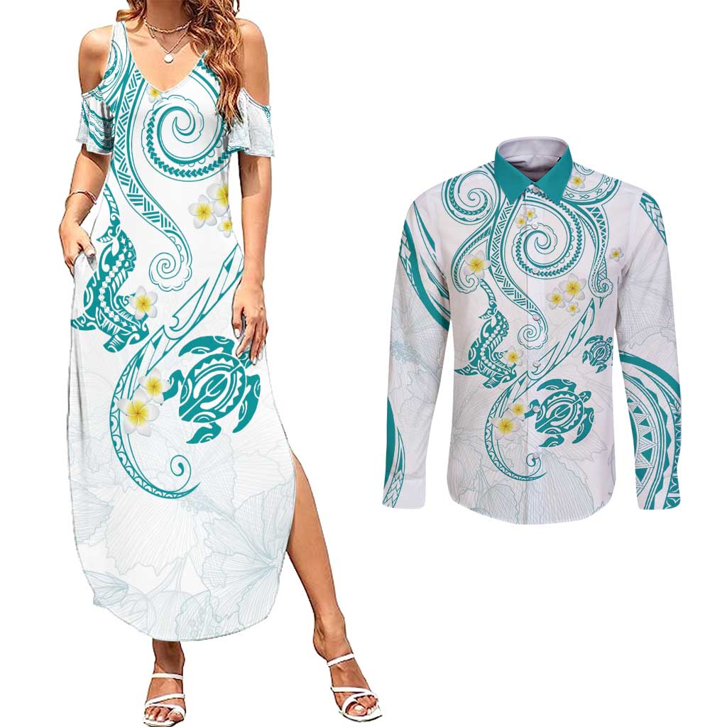 Polynesia Tribal Couples Matching Summer Maxi Dress and Long Sleeve Button Shirt Teal Plumeria Tentacles LT7 Teal - Polynesian Pride