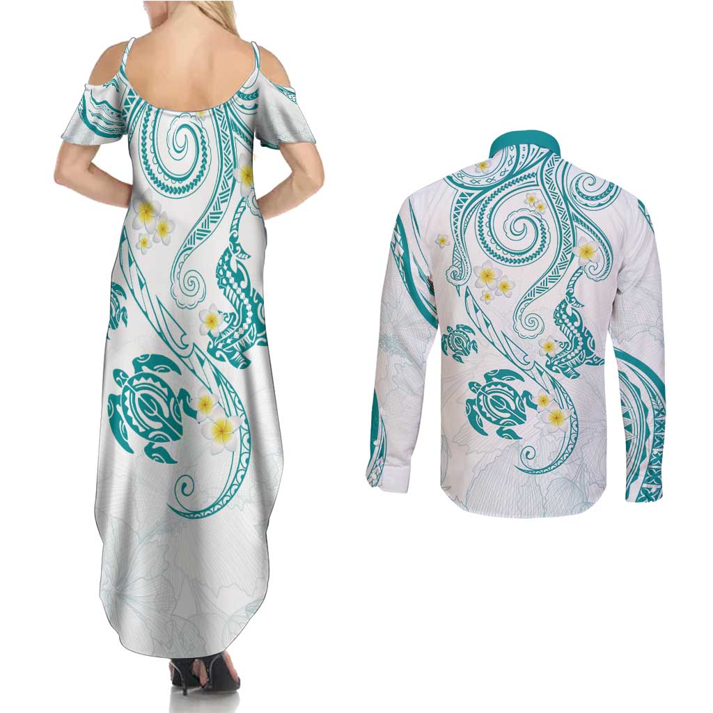 Polynesia Tribal Couples Matching Summer Maxi Dress and Long Sleeve Button Shirt Teal Plumeria Tentacles