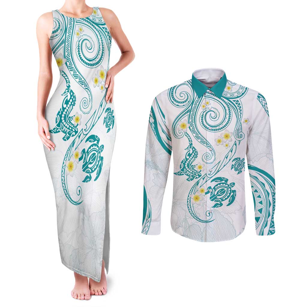 Polynesia Tribal Couples Matching Tank Maxi Dress and Long Sleeve Button Shirt Teal Plumeria Tentacles LT7 Teal - Polynesian Pride
