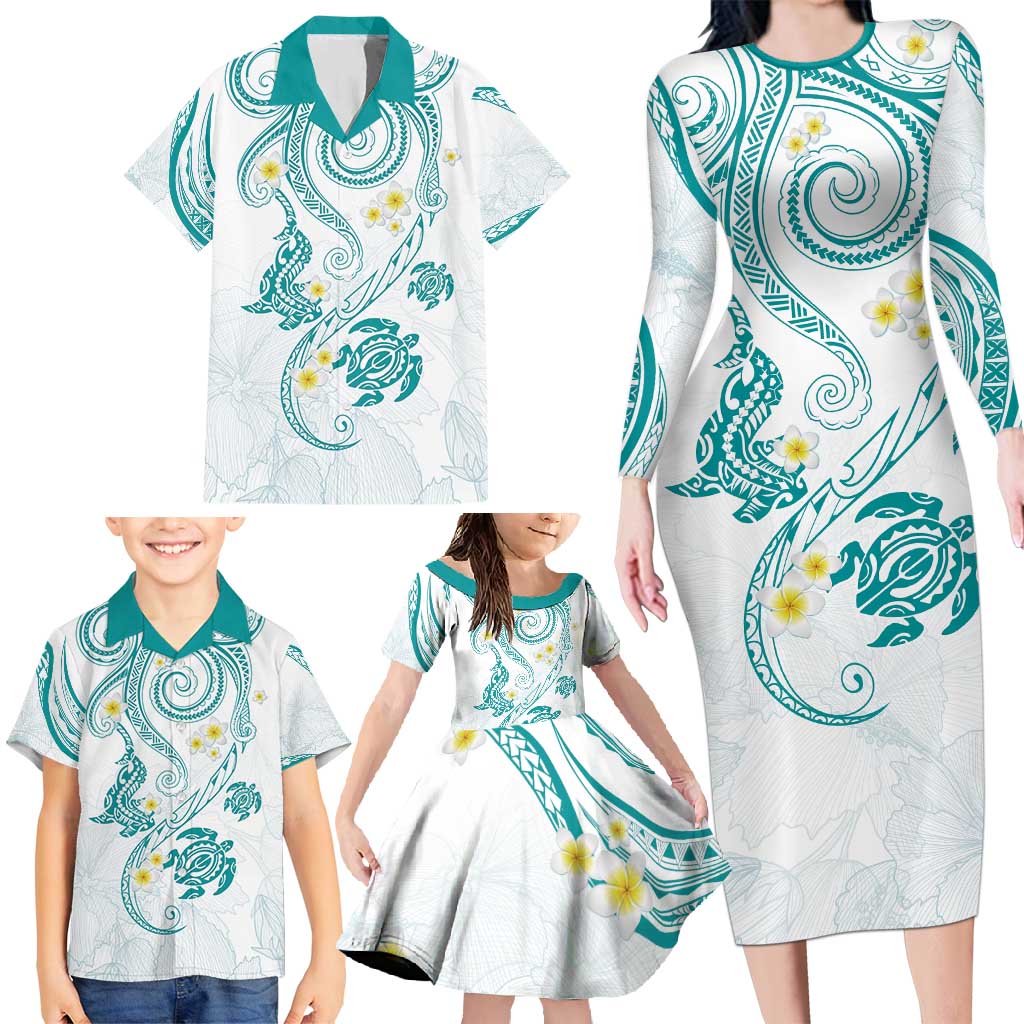 Polynesia Tribal Family Matching Long Sleeve Bodycon Dress and Hawaiian Shirt Teal Plumeria Tentacles LT7 - Polynesian Pride