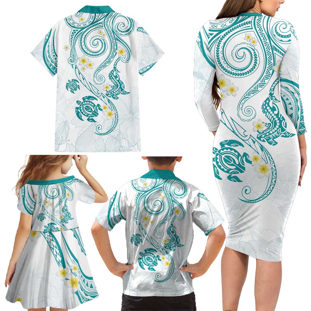 Polynesia Tribal Family Matching Long Sleeve Bodycon Dress and Hawaiian Shirt Teal Plumeria Tentacles LT7 - Polynesian Pride