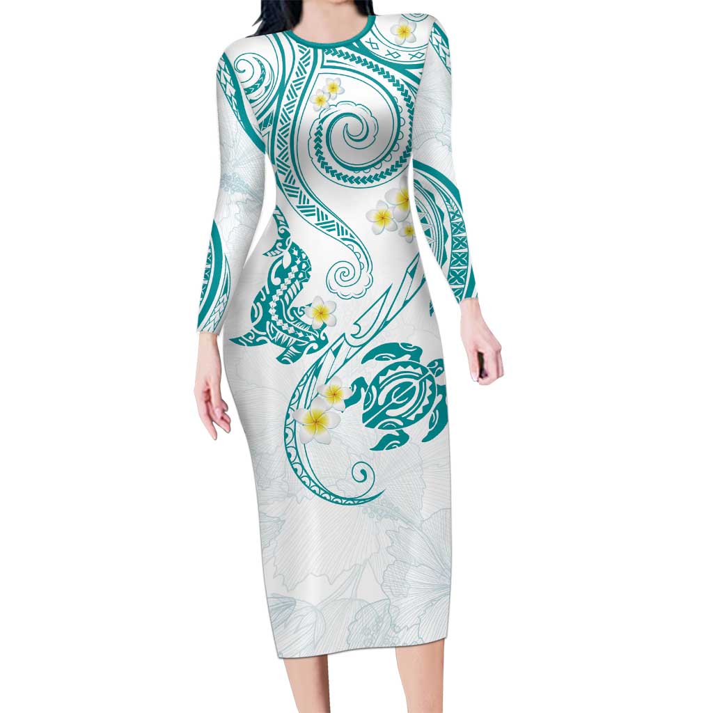 Polynesia Tribal Family Matching Long Sleeve Bodycon Dress and Hawaiian Shirt Teal Plumeria Tentacles LT7 Mom's Dress Teal - Polynesian Pride