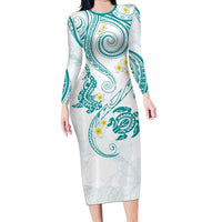 Polynesia Tribal Family Matching Long Sleeve Bodycon Dress and Hawaiian Shirt Teal Plumeria Tentacles LT7 Mom's Dress Teal - Polynesian Pride