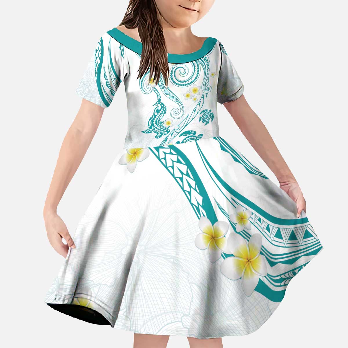 Polynesia Tribal Family Matching Off The Shoulder Long Sleeve Dress and Hawaiian Shirt Teal Plumeria Tentacles LT7 - Polynesian Pride