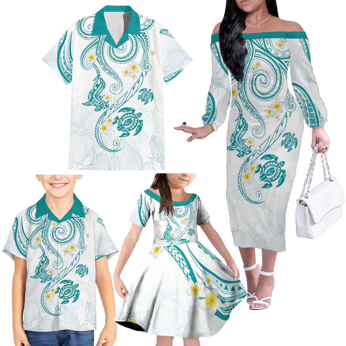 Polynesia Tribal Family Matching Off The Shoulder Long Sleeve Dress and Hawaiian Shirt Teal Plumeria Tentacles LT7 Teal - Polynesian Pride