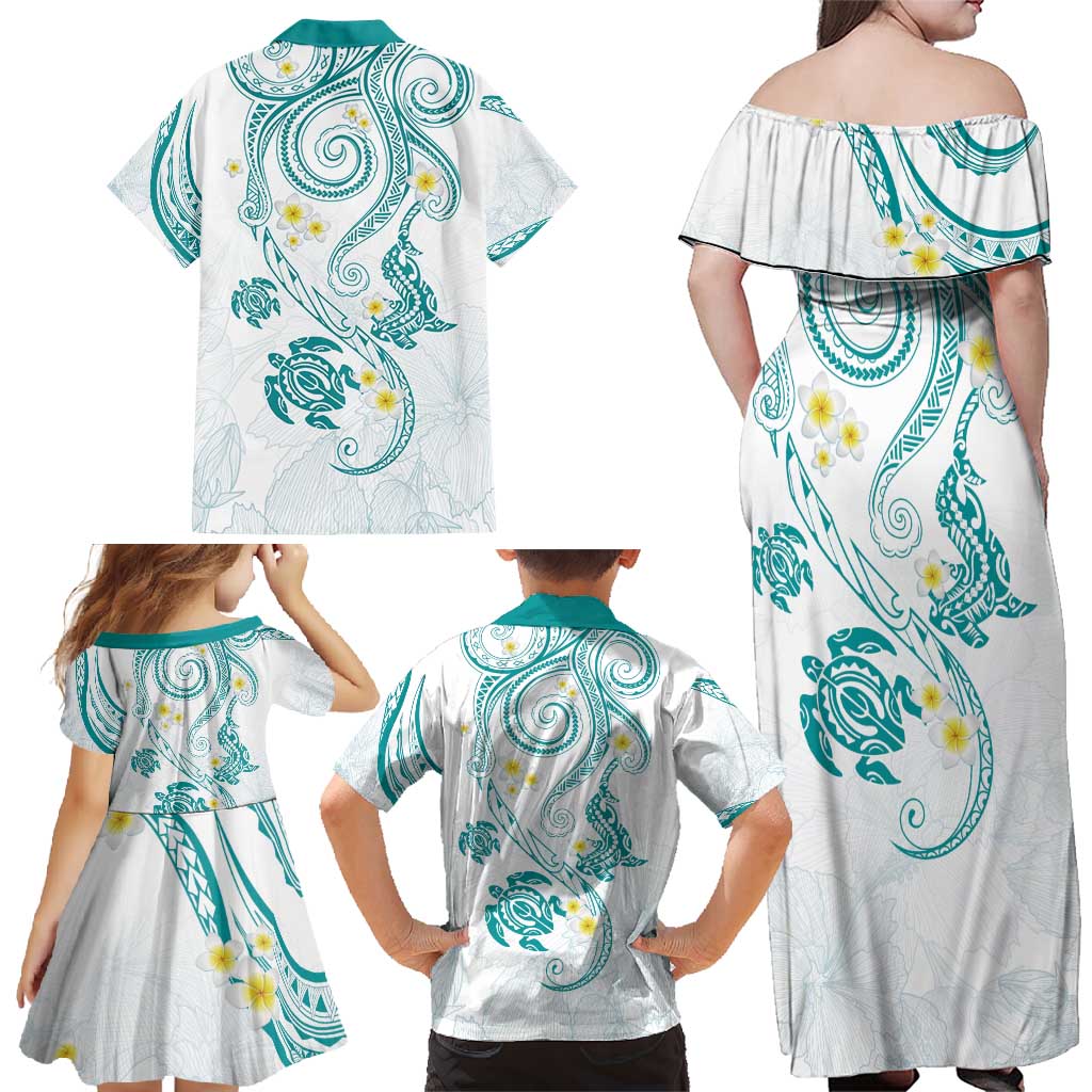 Polynesia Tribal Family Matching Off Shoulder Maxi Dress and Hawaiian Shirt Teal Plumeria Tentacles LT7 - Polynesian Pride