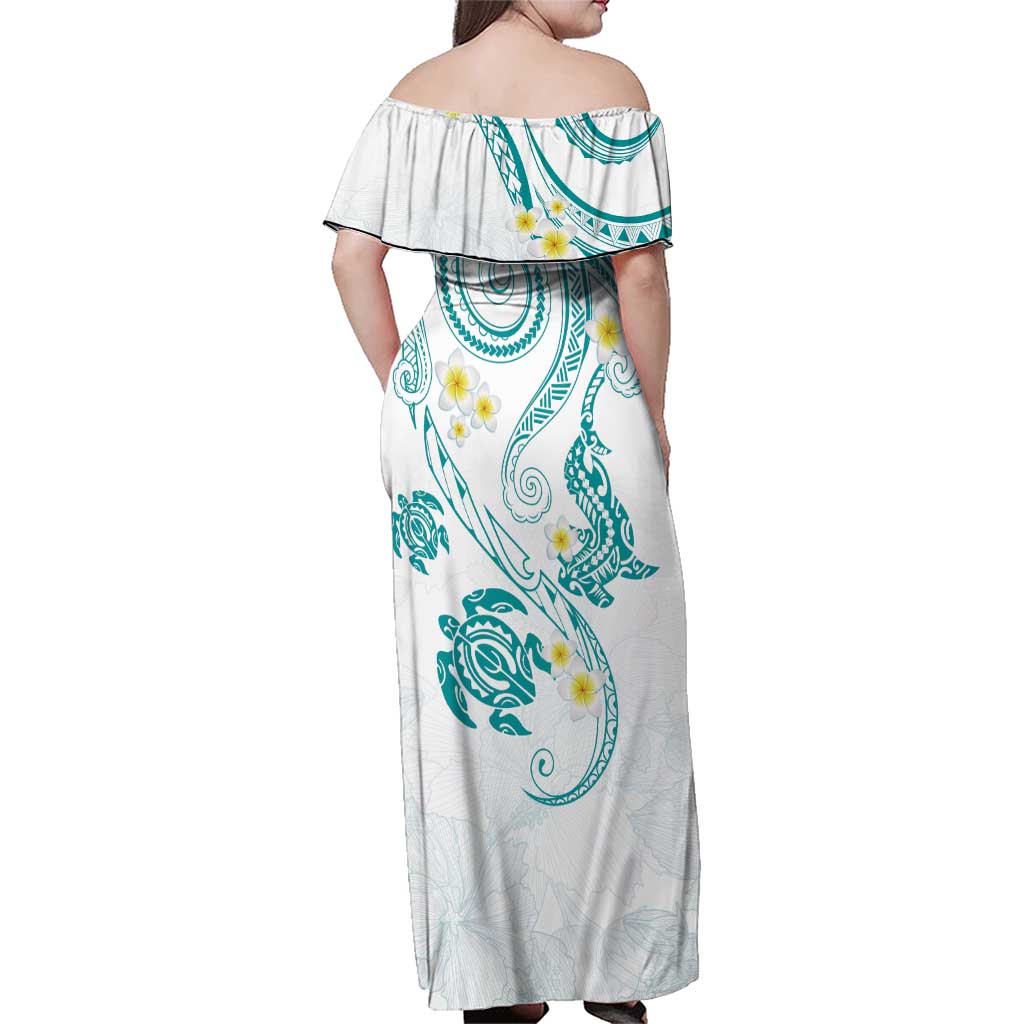 Polynesia Tribal Family Matching Off Shoulder Maxi Dress and Hawaiian Shirt Teal Plumeria Tentacles LT7 - Polynesian Pride
