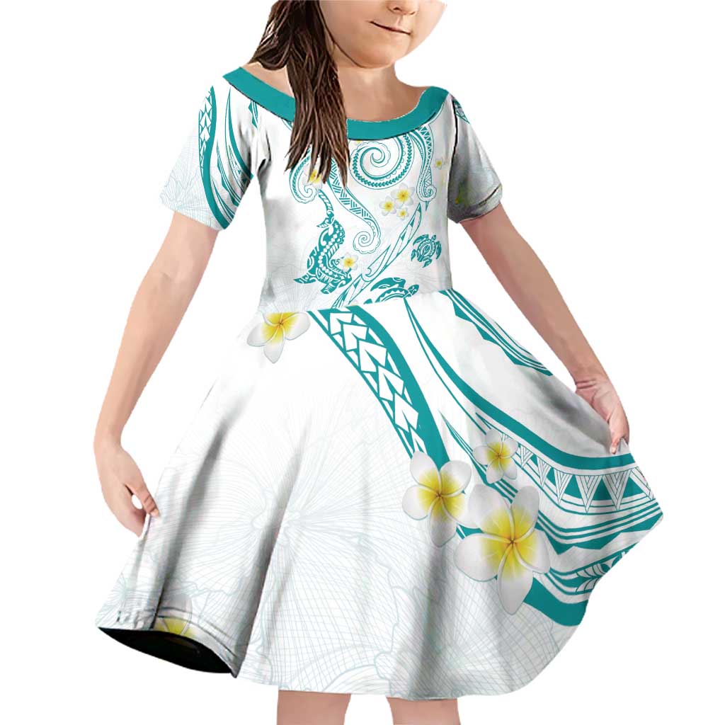 Polynesia Tribal Family Matching Off Shoulder Short Dress and Hawaiian Shirt Teal Plumeria Tentacles LT7 Daughter's Dress Teal - Polynesian Pride