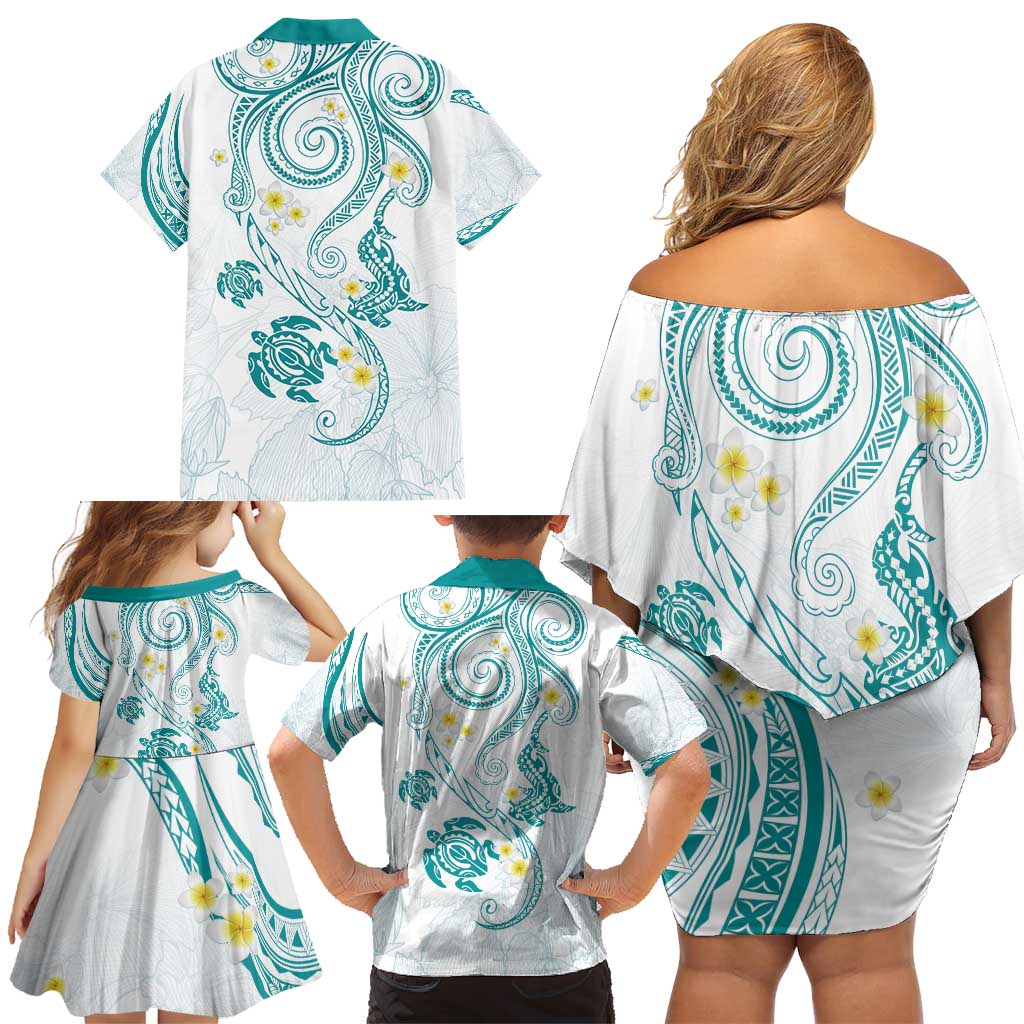 Polynesia Tribal Family Matching Off Shoulder Short Dress and Hawaiian Shirt Teal Plumeria Tentacles LT7 - Polynesian Pride