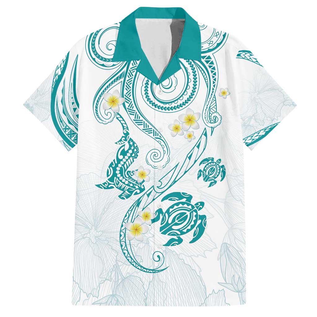 Polynesia Tribal Family Matching Off Shoulder Short Dress and Hawaiian Shirt Teal Plumeria Tentacles LT7 Dad's Shirt - Short Sleeve Teal - Polynesian Pride