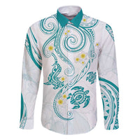 Polynesia Tribal Family Matching Off Shoulder Short Dress and Hawaiian Shirt Teal Plumeria Tentacles LT7 Dad's Shirt - Long Sleeve Teal - Polynesian Pride