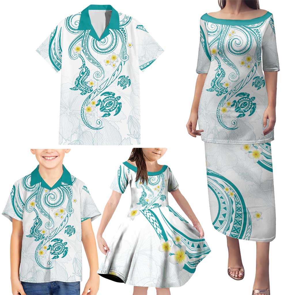Polynesia Tribal Family Matching Puletasi and Hawaiian Shirt Teal Plumeria Tentacles LT7 - Polynesian Pride