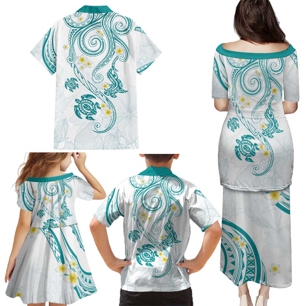 Polynesia Tribal Family Matching Puletasi and Hawaiian Shirt Teal Plumeria Tentacles LT7 - Polynesian Pride