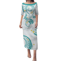 Polynesia Tribal Family Matching Puletasi and Hawaiian Shirt Teal Plumeria Tentacles LT7 Mom's Dress Teal - Polynesian Pride