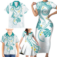 Polynesia Tribal Family Matching Short Sleeve Bodycon Dress and Hawaiian Shirt Teal Plumeria Tentacles LT7 - Polynesian Pride