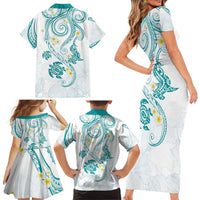 Polynesia Tribal Family Matching Short Sleeve Bodycon Dress and Hawaiian Shirt Teal Plumeria Tentacles LT7 - Polynesian Pride