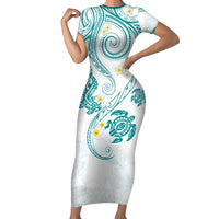 Polynesia Tribal Family Matching Short Sleeve Bodycon Dress and Hawaiian Shirt Teal Plumeria Tentacles LT7 Mom's Dress Teal - Polynesian Pride