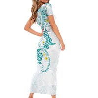Polynesia Tribal Family Matching Short Sleeve Bodycon Dress and Hawaiian Shirt Teal Plumeria Tentacles LT7 - Polynesian Pride