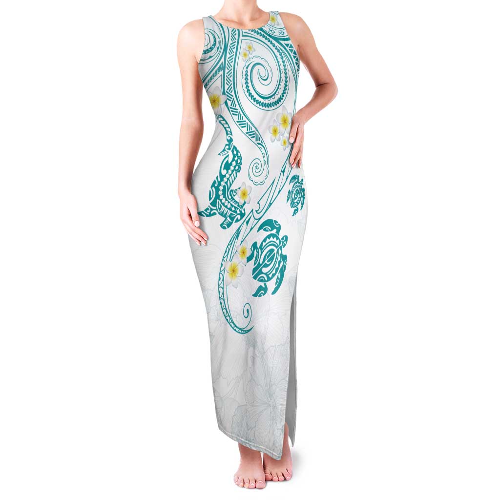 Polynesia Tribal Family Matching Tank Maxi Dress and Hawaiian Shirt Teal Plumeria Tentacles LT7 Mom's Dress Teal - Polynesian Pride