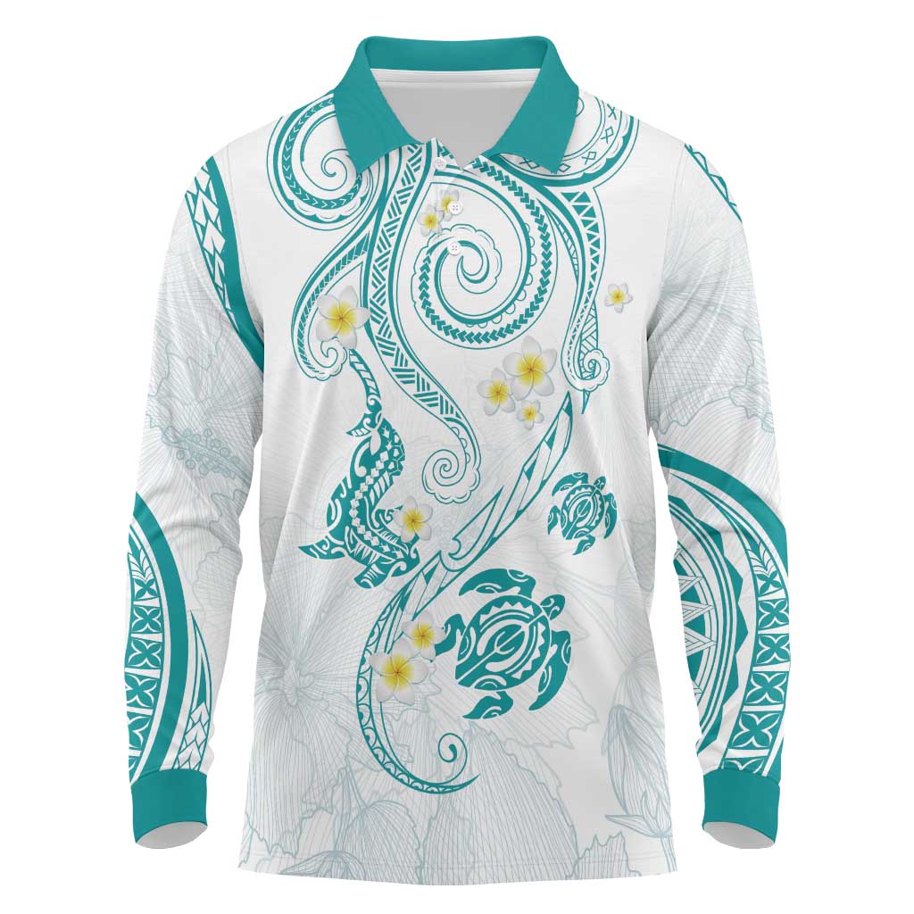 Polynesia Tribal Long Sleeve Polo Shirt Teal Plumeria Tentacles LT7 Teal - Polynesian Pride