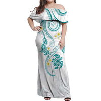 Polynesia Tribal Off Shoulder Maxi Dress Teal Plumeria Tentacles LT7 Women Teal - Polynesian Pride