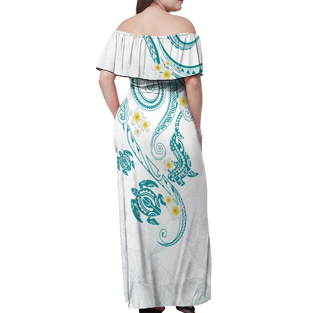 Polynesia Tribal Off Shoulder Maxi Dress Teal Plumeria Tentacles LT7 - Polynesian Pride