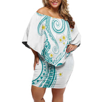 Polynesia Tribal Off Shoulder Short Dress Teal Plumeria Tentacles LT7 Women Teal - Polynesian Pride