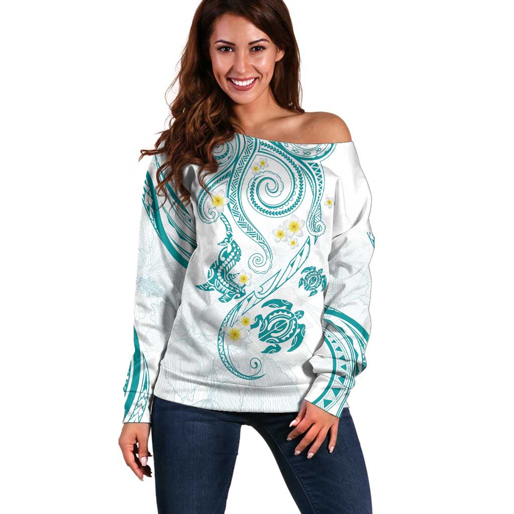 Polynesia Tribal Off Shoulder Sweater Teal Plumeria Tentacles LT7 Women Teal - Polynesian Pride