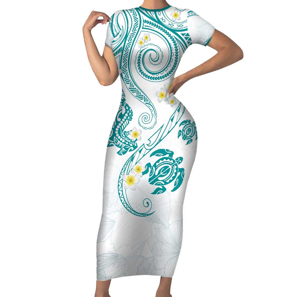 Polynesia Tribal Short Sleeve Bodycon Dress Teal Plumeria Tentacles LT7 Long Dress Teal - Polynesian Pride