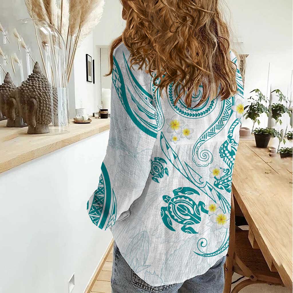Polynesia Tribal Women Casual Shirt Teal Plumeria Tentacles