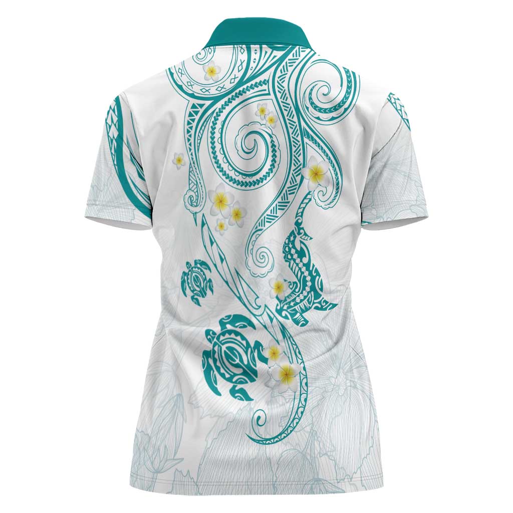 Polynesia Tribal Women Polo Shirt Teal Plumeria Tentacles