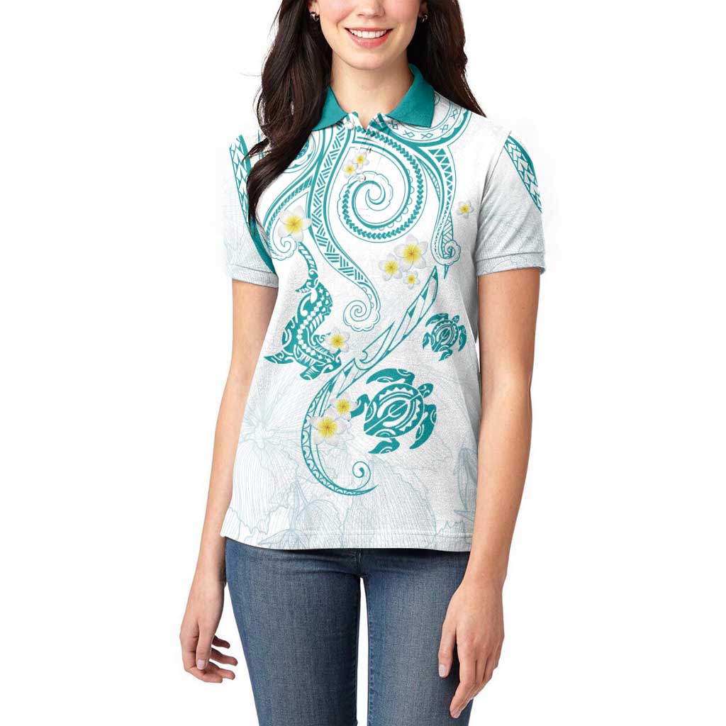 Polynesia Tribal Women Polo Shirt Teal Plumeria Tentacles