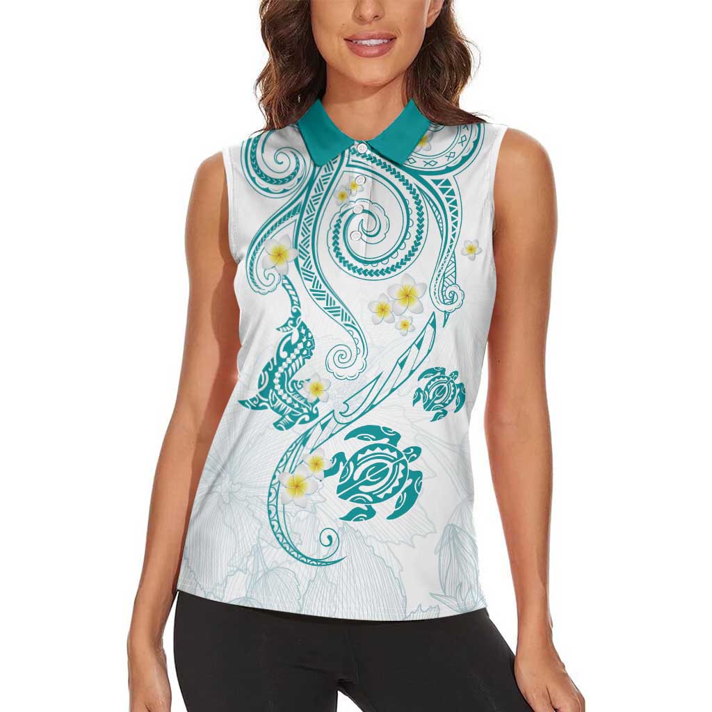 Polynesia Tribal Women Sleeveless Polo Shirt Teal Plumeria Tentacles LT7 - Polynesian Pride