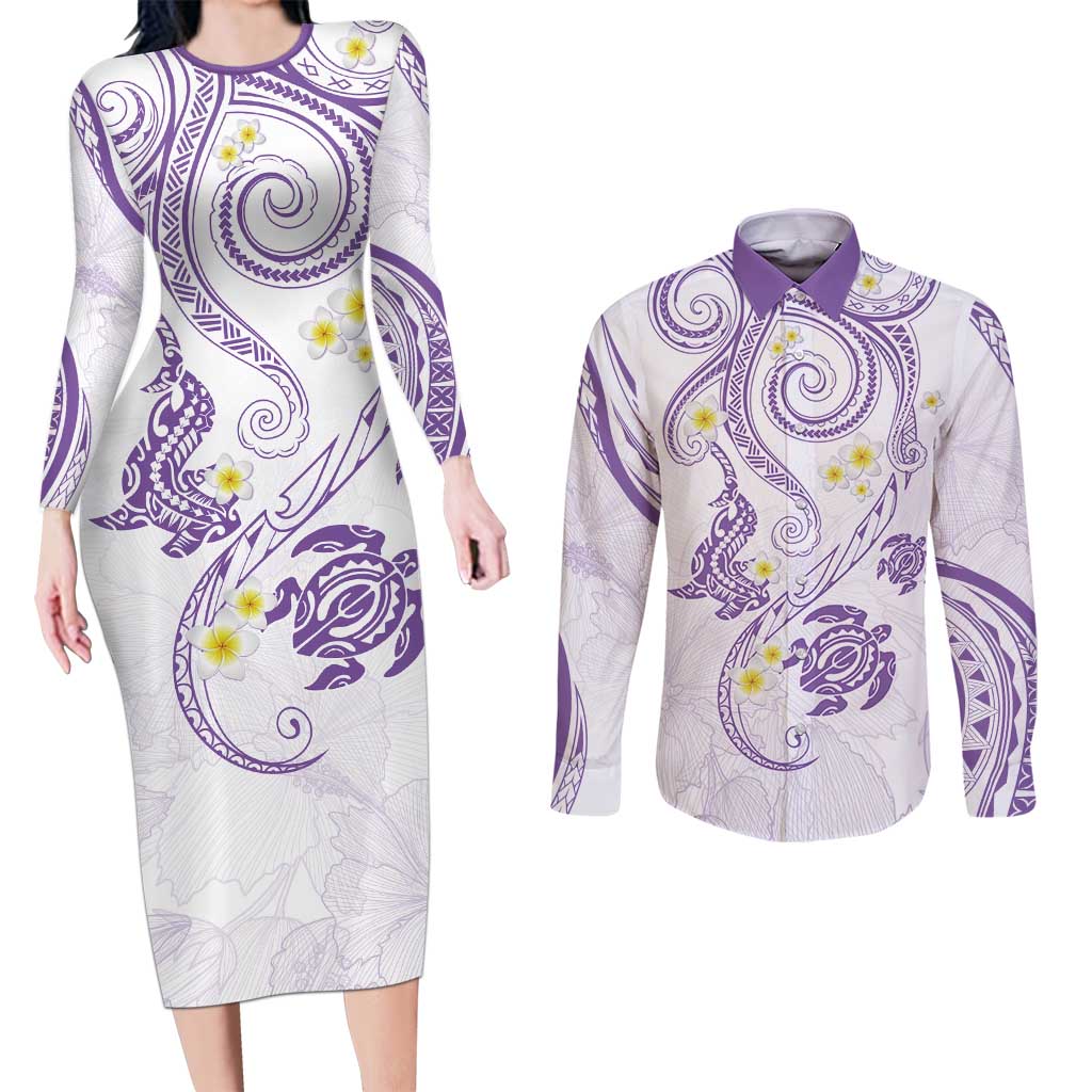 Polynesia Tribal Couples Matching Long Sleeve Bodycon Dress and Long Sleeve Button Shirt Lilac Plumeria Tentacles LT7 Lilac - Polynesian Pride