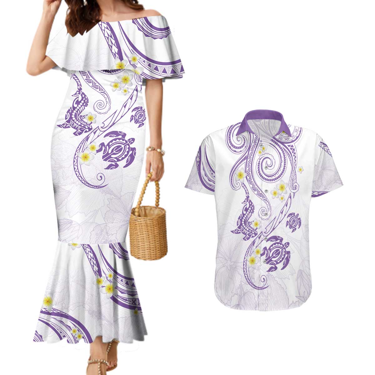 Polynesia Tribal Couples Matching Mermaid Dress and Hawaiian Shirt Lilac Plumeria Tentacles LT7 Lilac - Polynesian Pride
