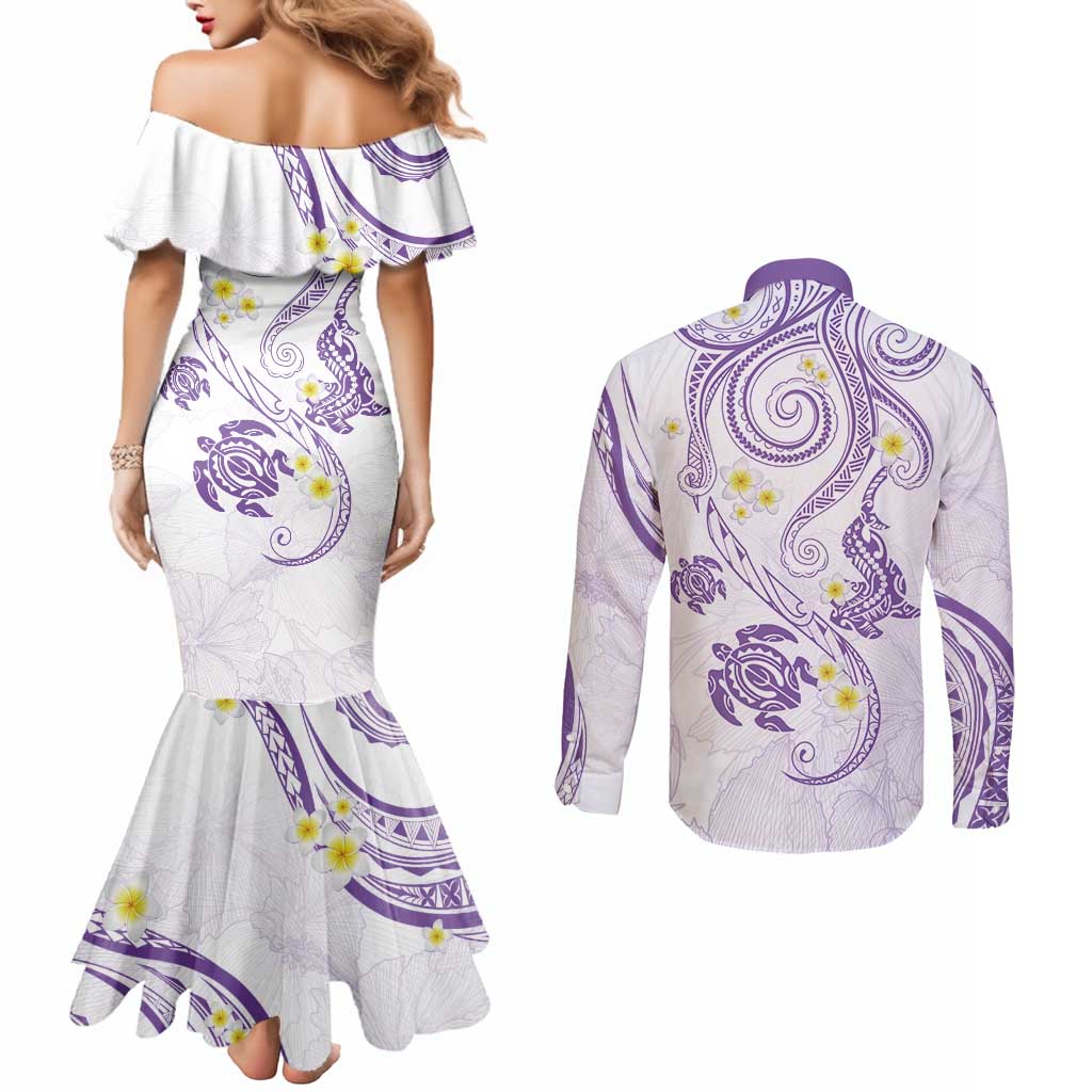 Polynesia Tribal Couples Matching Mermaid Dress and Long Sleeve Button Shirt Lilac Plumeria Tentacles LT7 - Polynesian Pride