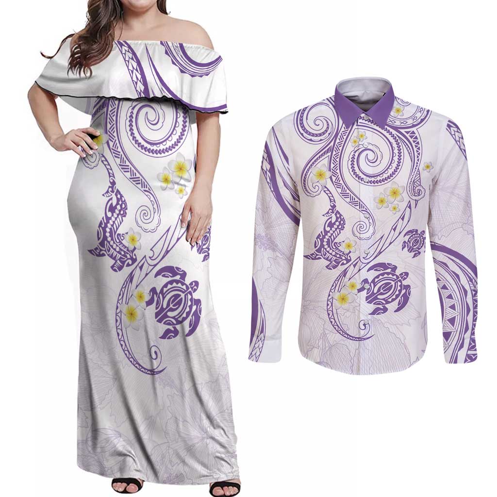 Polynesia Tribal Couples Matching Off Shoulder Maxi Dress and Long Sleeve Button Shirt Lilac Plumeria Tentacles LT7 Lilac - Polynesian Pride