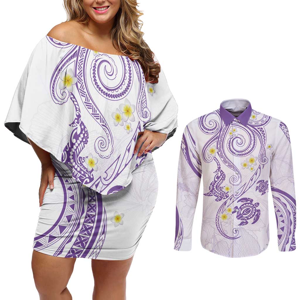 Polynesia Tribal Couples Matching Off Shoulder Short Dress and Long Sleeve Button Shirt Lilac Plumeria Tentacles LT7 Lilac - Polynesian Pride
