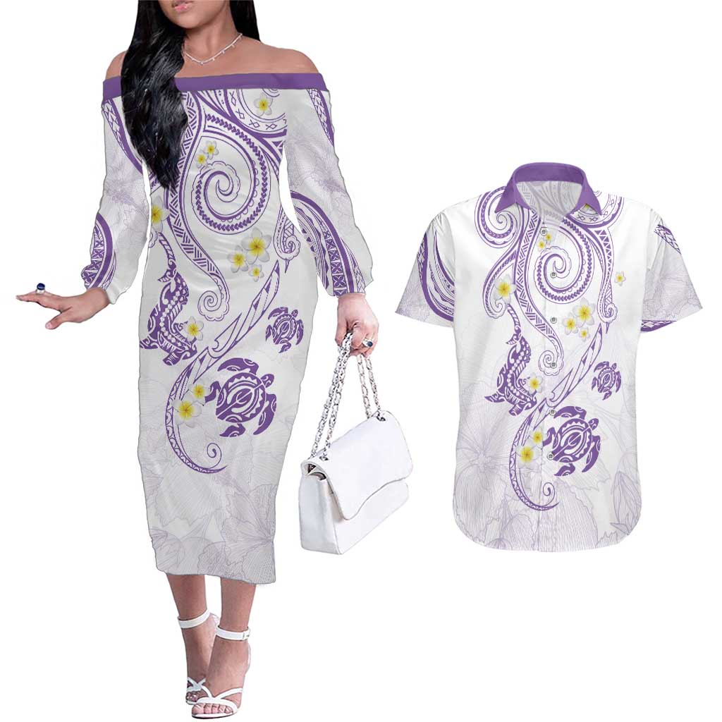 Polynesia Tribal Couples Matching Off The Shoulder Long Sleeve Dress and Hawaiian Shirt Lilac Plumeria Tentacles LT7 Lilac - Polynesian Pride