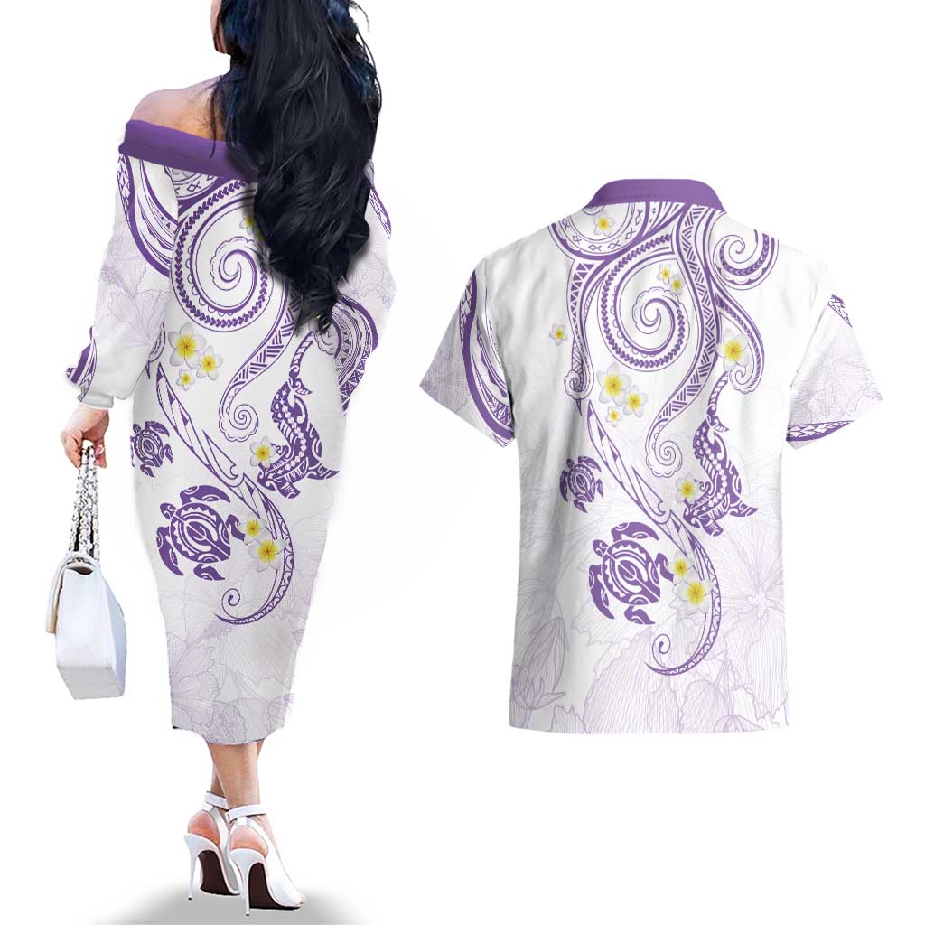 Polynesia Tribal Couples Matching Off The Shoulder Long Sleeve Dress and Hawaiian Shirt Lilac Plumeria Tentacles LT7 - Polynesian Pride