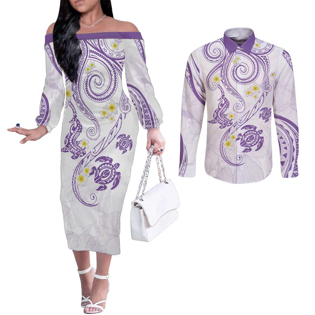 Polynesia Tribal Couples Matching Off The Shoulder Long Sleeve Dress and Long Sleeve Button Shirt Lilac Plumeria Tentacles LT7 Lilac - Polynesian Pride