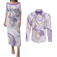 Polynesia Tribal Couples Matching Puletasi and Long Sleeve Button Shirt Lilac Plumeria Tentacles